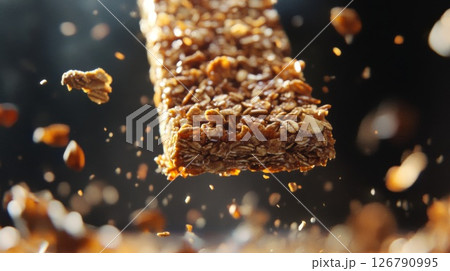 Brown Granola Bar with Nuts in Air, Dark Background 126790995