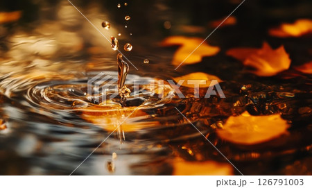 Water Drop Splashing into Autumn Leaves Puddle 126791003