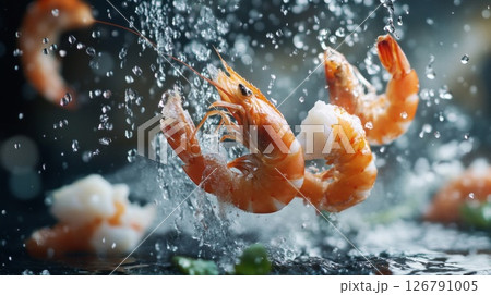 Fresh Shrimp Splashing in Water Dark Background 126791005