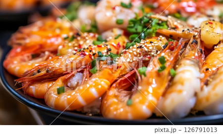 Close-Up of Grilled Shrimp Dish with Sesame Seeds and Green Onions Close-Up of Grilled Shrimp Dish with Sesame Seeds and Green Onions 126791013