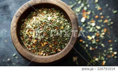 Dried Herb and Spice Blend in Wooden Bowl 126791014