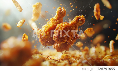Crispy Fried Chicken Drumsticks in Air with Crumbs 126791055