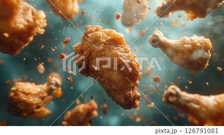 Crispy Fried Chicken Wings Flying Against Dark Background 126791081