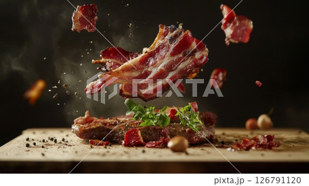 Crispy Bacon and Steak on Wooden Board 126791120