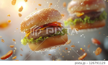 Juicy Cheeseburger with Sesame Bun Levitating, Food Photography 126791129