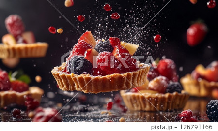 Flying Fruit Tartlets with Berries and Powdered Sugar 126791166