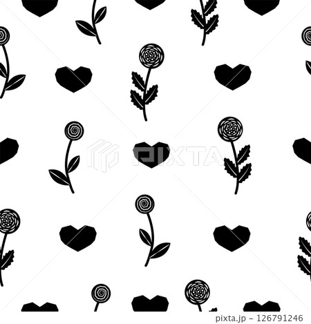 Flowers and hearts, black and white seamless pattern 126791246