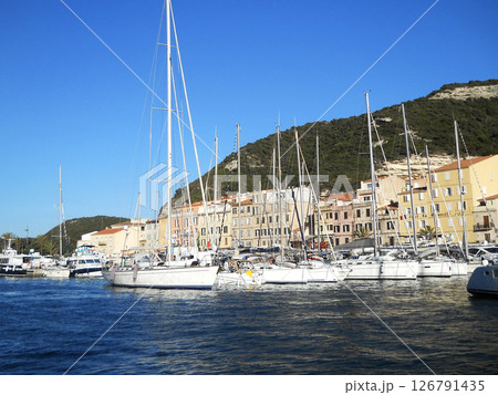 Sea view with boats and beautiful yachts . Corsica. French island. Port Bonifacio. 126791435