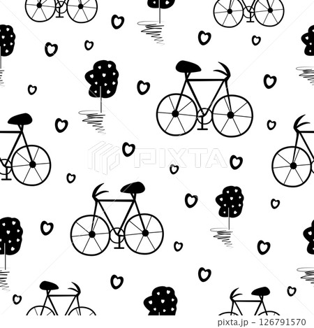 Bicycle and tree, black and white seamless pattern 126791570