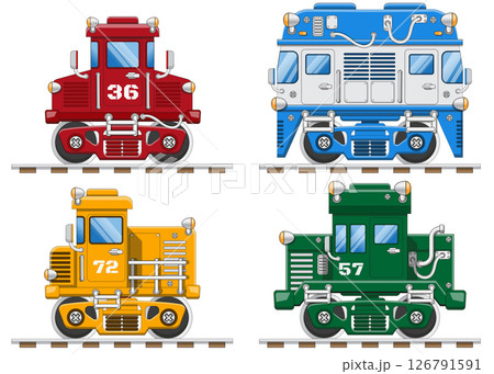 Set of funny railway locomotives. Isolated on white background. Side view. Vector illustration. 126791591