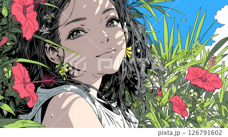 ハイビスカスと若い女性
