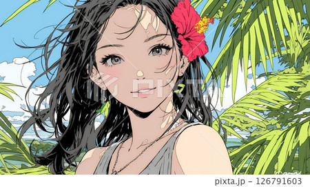 ハイビスカスと若い女性