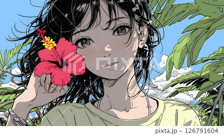 ハイビスカスと若い女性