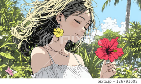 ハイビスカスと若い女性