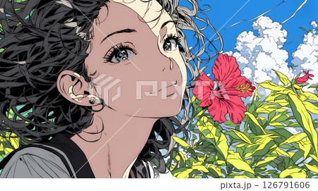 ハイビスカスと若い女性