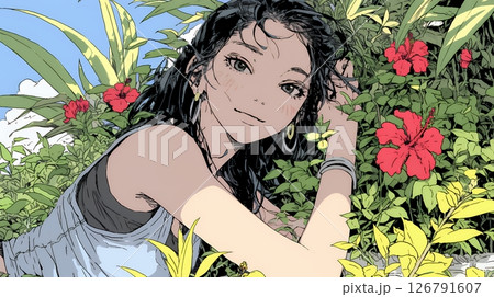 ハイビスカスと若い女性
