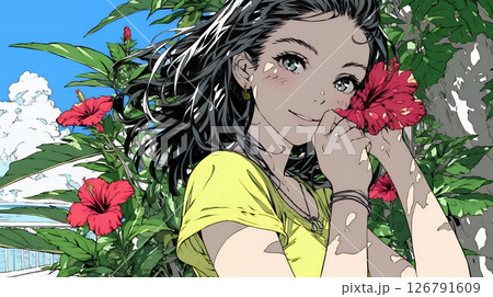 ハイビスカスと若い女性