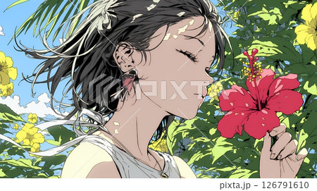 ハイビスカスと若い女性