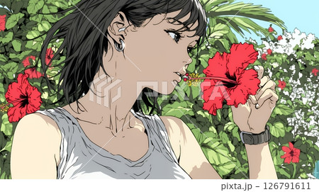 ハイビスカスと若い女性