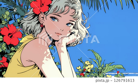 ハイビスカスと若い女性
