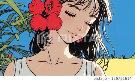 ハイビスカスと若い女性