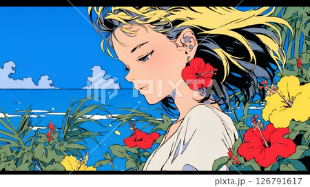 ハイビスカスと若い女性