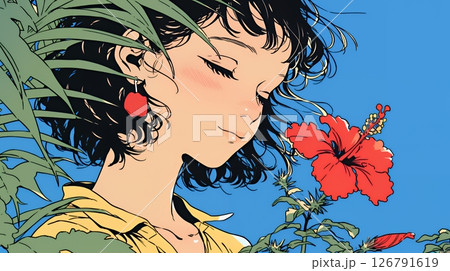 ハイビスカスと若い女性