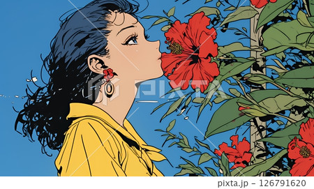 ハイビスカスと若い女性