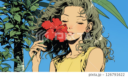 ハイビスカスと若い女性