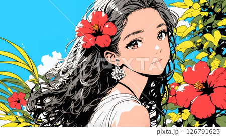 ハイビスカスと若い女性
