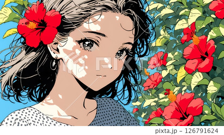 ハイビスカスと若い女性