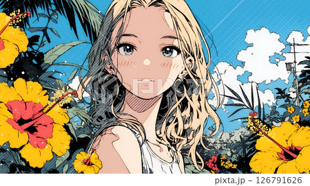 ハイビスカスと若い女性