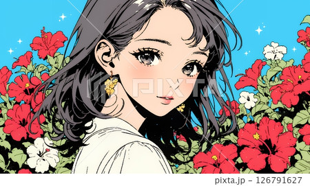 ハイビスカスと若い女性