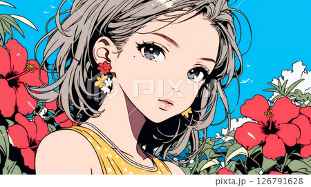 ハイビスカスと若い女性
