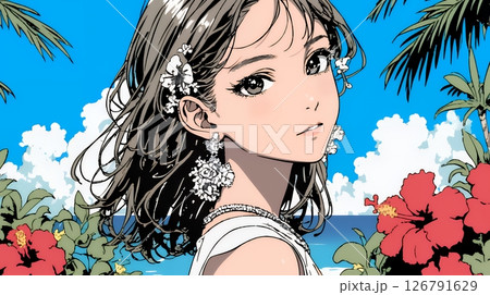ハイビスカスと若い女性