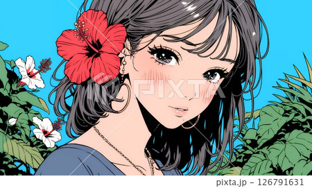 ハイビスカスと若い女性