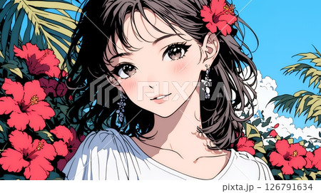 ハイビスカスと若い女性