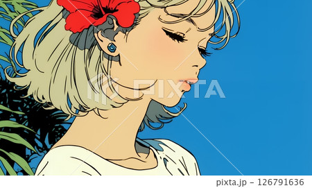 ハイビスカスと若い女性