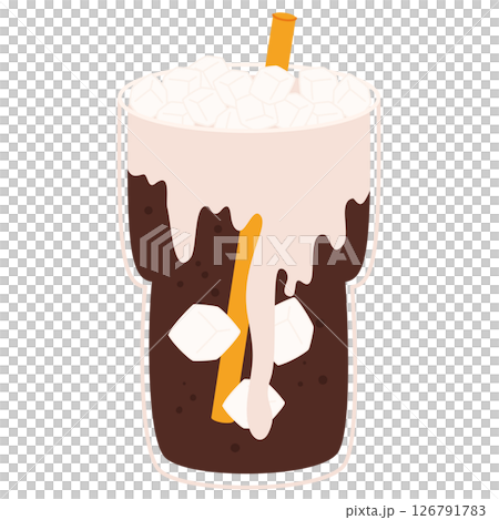 Iced dark soda with whipped cream and orange straw in tall glass isolated on white 126791783