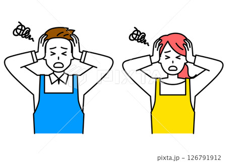 頭を抱えて悩むエプロン姿の男女　セット 126791912