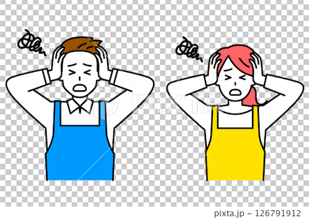 頭を抱えて悩むエプロン姿の男女　セット 126791912