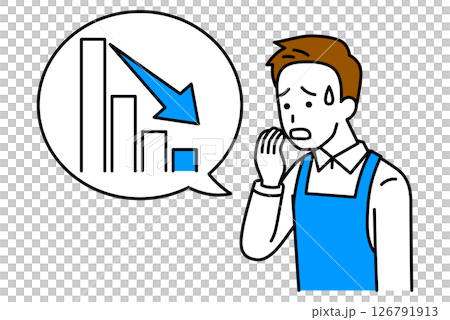 A man in an apron looking upset with a falling graph 126791913