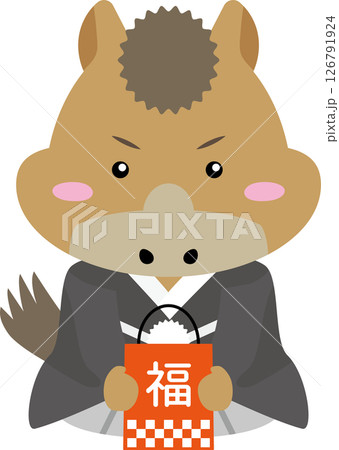 福袋を抱える正座の馬キャラクター｜午年の縁起イラスト（2026年干支） 126791924