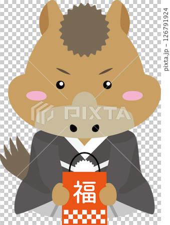 福袋を抱える正座の馬キャラクター｜午年の縁起イラスト（2026年干支） 126791924