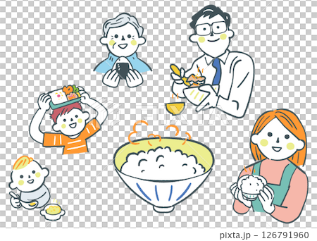 Itadakimasu：一家人津津有味地吃著新鮮煮好的美味米飯。庫存插圖素材 126791960
