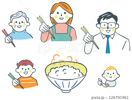 いただきます　お箸を持つ家族と炊き立てご飯　セットのストックイラスト素材 126791961