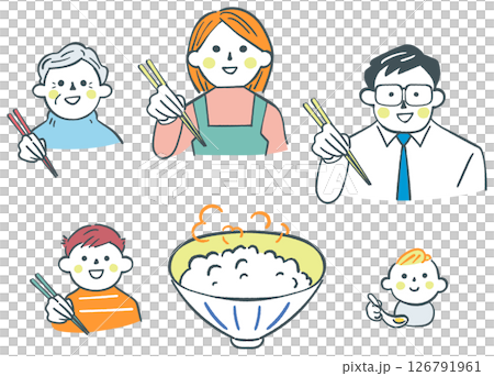 いただきます　お箸を持つ家族と炊き立てご飯　セットのストックイラスト素材 126791961