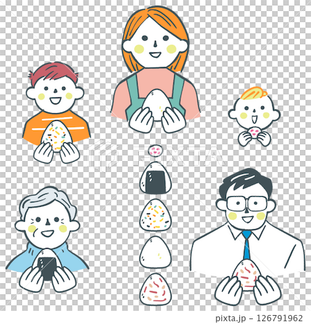 Itadakimasu - A family holding rice balls and rice balls with various ingredients - Stock illustration material 126791962