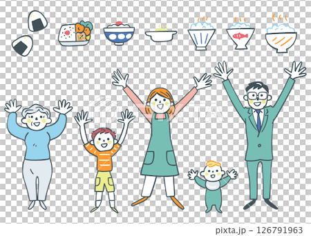 いただきます おいしいご飯と万歳する家族 セットのストックイラスト素材 いただきます おいしいご飯と万歳する家族 セットのストックイラスト素材 126791963