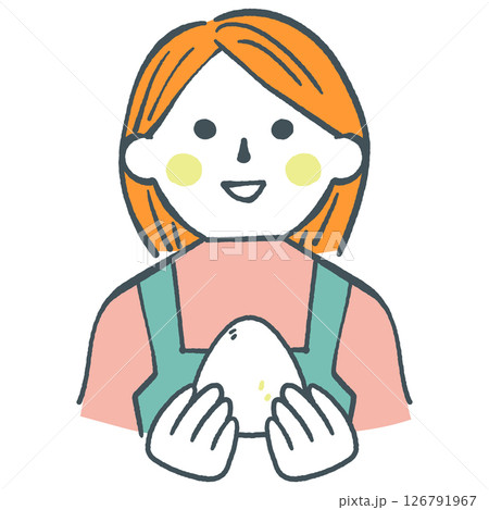 いただきます　おにぎりを持つ主婦　ストックイラスト素材 126791967